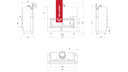 Technische tekening van Kratki MB100 haard met gedetailleerde afmetingen en specificaties.