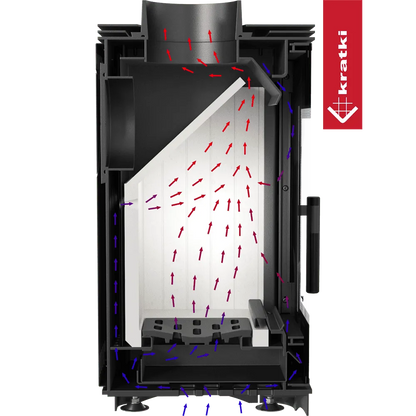 Doorsnede van Kratki Vega houtkachel met luchtstroomdiagram in rood en blauw.