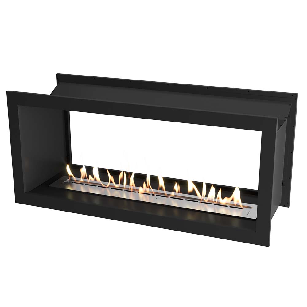 Icon Fires Double Sided Slimline Firebox 1350 met Slimline 1100 Brander, zwarte inbouwhaard met vlammen