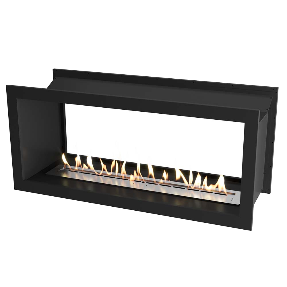 Icon Fires Double Sided Slimline Firebox 1350 met Slimline 1100 Brander in zwart, met vlammen