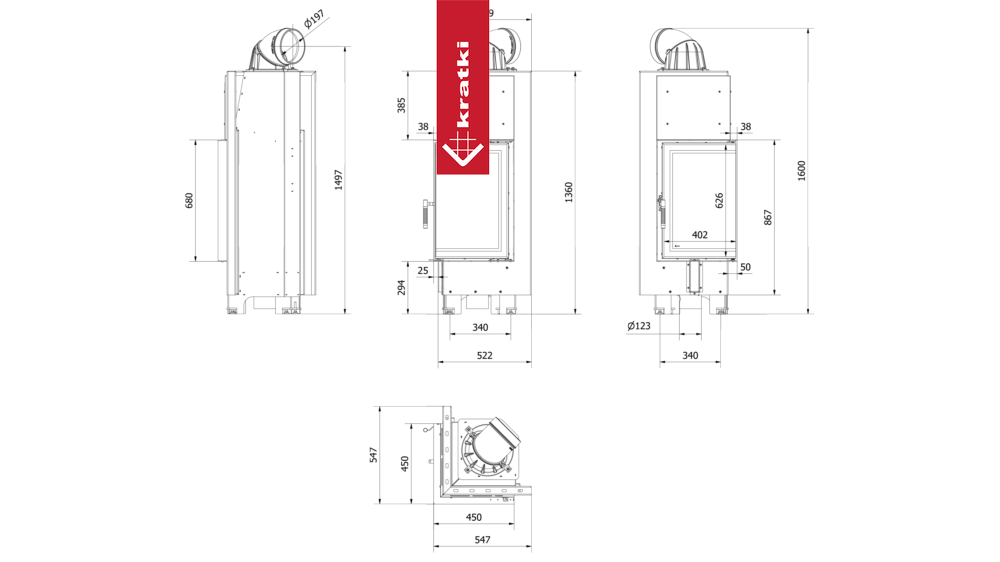 Technische tekening van de Kratki MBN 680 Rechts haard met afmetingen en zijaanzichten.