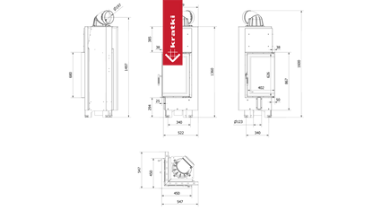 Technische tekening van de Kratki MBN 680 Rechts haard met afmetingen en zijaanzichten.