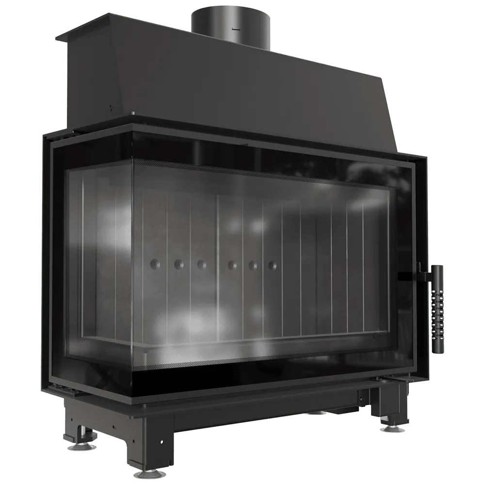 Kratki Simple S 8 kW Links, moderne zwarte houtkachel met glazen deur en metalen handvat.