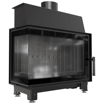 Kratki Simple S 8 kW Links, moderne zwarte houtkachel met glazen deur en metalen handvat.