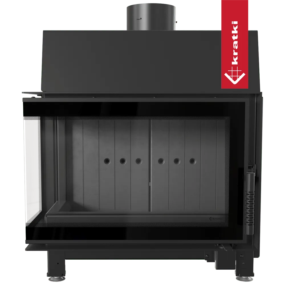 Kratki Simple S 8 kW Links, moderne zwarte houtkachel met glazen deur en metalen afwerking.