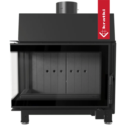 Kratki Simple S 8 kW Links, moderne zwarte houtkachel met glazen deur en metalen afwerking.