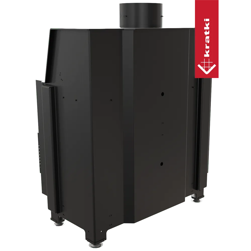 Kratki Simple S 8 kW Links, zwarte vrijstaande houtkachel met bovenafvoer en modern ontwerp.