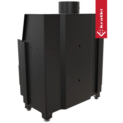 Kratki Simple S 8 kW Links, zwarte vrijstaande houtkachel met bovenafvoer en modern ontwerp.