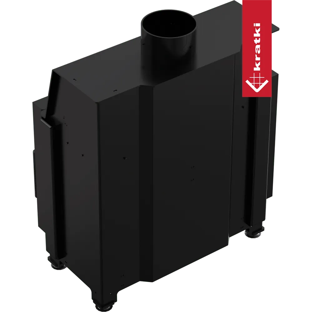 Kratki Simple S 8 kW Links, zwarte metalen houtkachel met bovenste rookafvoer.
