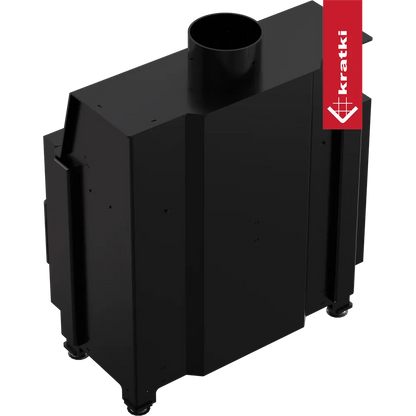 Kratki Simple S 8 kW Links, zwarte metalen houtkachel met bovenste rookafvoer.
