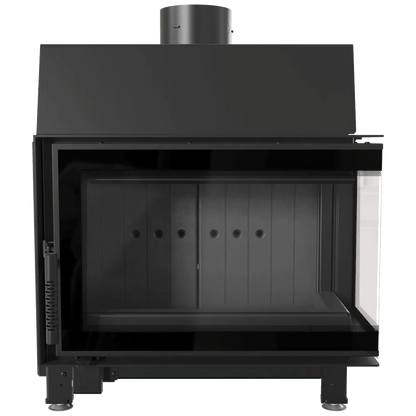 Kratki Simple S 8 kW Rechts, moderne zwarte houtkachel met glazen deur en zijpaneel.
