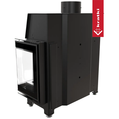 Kratki Simple S 8 kW Rechts, moderne zwarte houtkachel met glazen deur en bovenste rookafvoer.