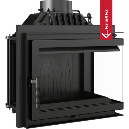 Kratki Simple M 10 kW Rechts, zwarte houtkachel met glazen zijpaneel en bovenste rookafvoer.