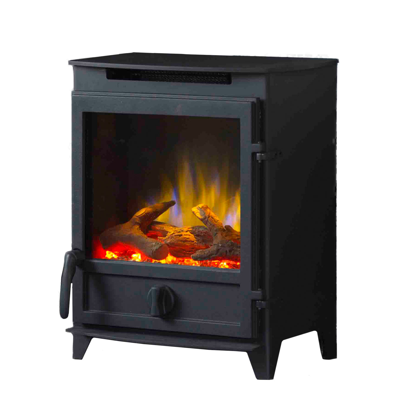 Charlton & Jenrick Fireline FP rechte deur, zwarte houtkachel met vlammenspel