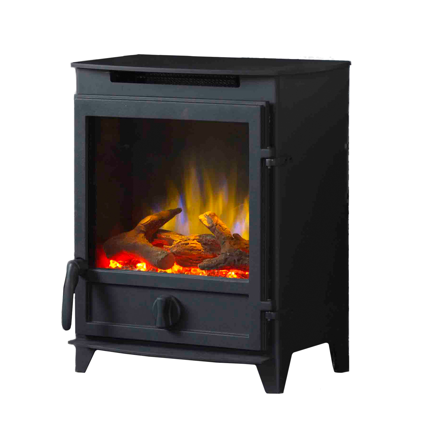 Charlton & Jenrick Fireline FP rechte deur, zwarte houtkachel met zicht op vlammen