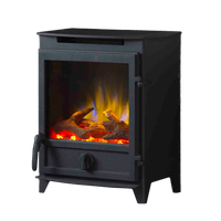 Charlton & Jenrick Fireline FP rechte deur, zwarte houtkachel met zicht op vlammen