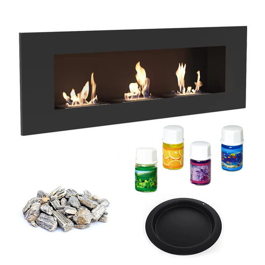 Kratki Delta3 haard met accessoires: stenen, geurolie en zwarte ronde plaat.