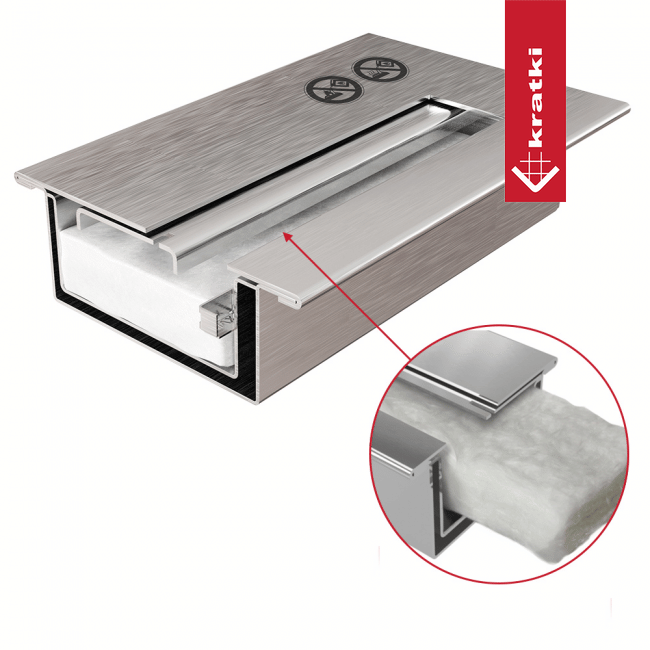 Kratki Delta3 roestvrijstalen ventilatierooster met een gedetailleerde close-up van de binnenkant.