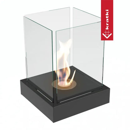 Kratki Tango4 tafelhaard met glazen ombouw en brandende vlam.