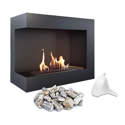 Kratki Delta Links haard met brandende vlammen, decoratieve stenen en trechter.