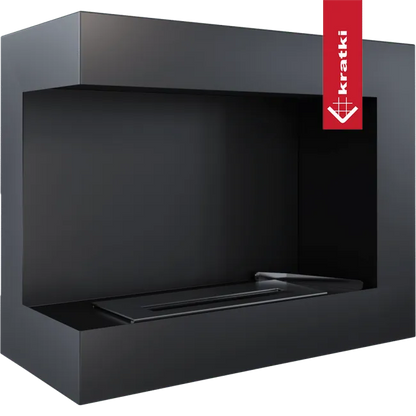 Zwarte, moderne Kratki Delta Links bio-ethanol haard met strakke lijnen en minimalistisch ontwerp.