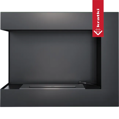 Zwarte, moderne Kratki Delta Links haard met strak design en rood Kratki-logo aan de rechterkant.