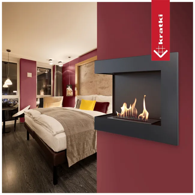 Moderne slaapkamer met Kratki Delta Links haard aan de muur, sfeervol verlicht.