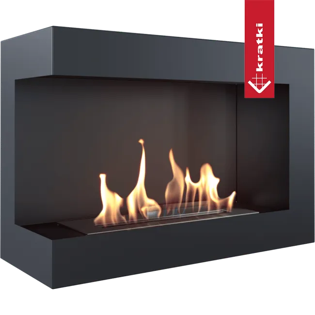 Kratki Delta Links, moderne zwarte haard met brandende vlammen en strak design.
