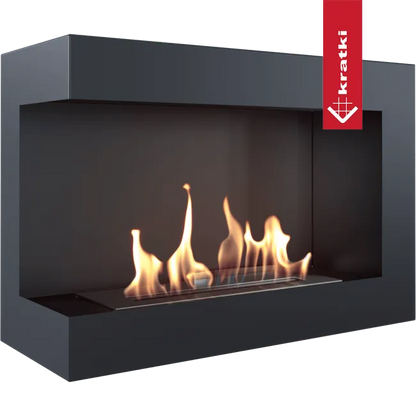 Kratki Delta Links, moderne zwarte haard met brandende vlammen en strak design.