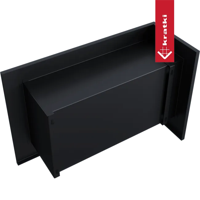 Zwarte Kratki Delta Links ventilatierooster met rechthoekig ontwerp en rood Kratki logo aan de zijkant.