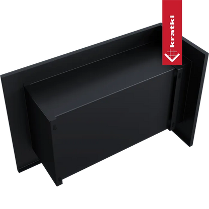 Zwarte Kratki Delta Links ventilatierooster met rechthoekig ontwerp en rood Kratki logo aan de zijkant.