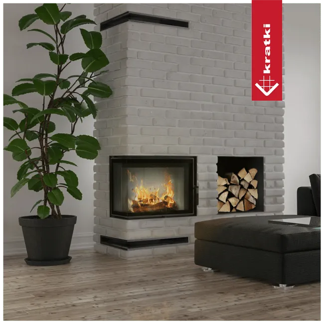 Kratki Lucy 12 kW Slim Links haard in moderne woonkamer met witte bakstenen muur en plant.
