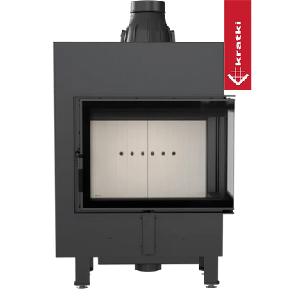 Kratki Lucy 12 kW Slim Rechts, moderne inbouwhaard met glazen deur en zwarte afwerking.