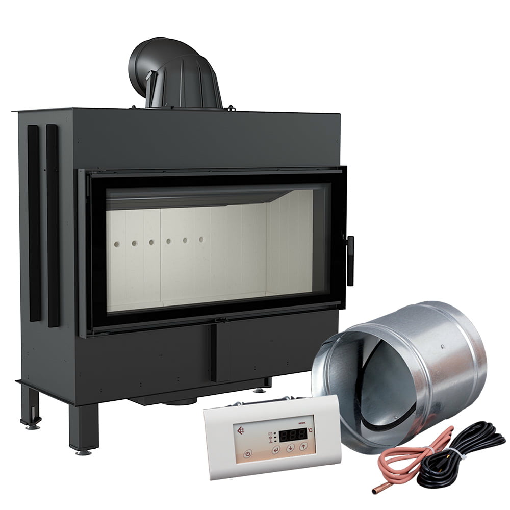 Kratki Lucy 16 kW haard met accessoires, waaronder een bedieningspaneel en ventilatiebuis.