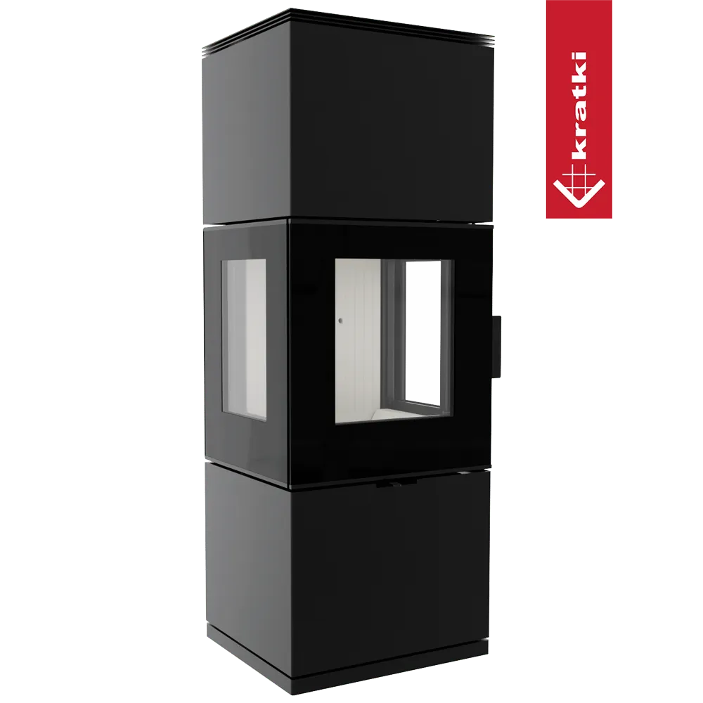 Zwarte, moderne Kratki Inga houtkachel met glazen panelen en strakke lijnen.