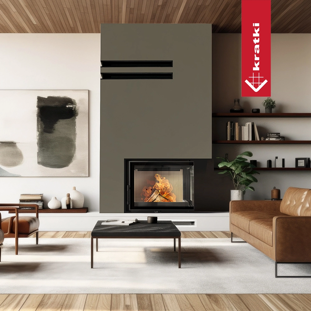 Kratki Floki haard in moderne woonkamer met brandend vuur