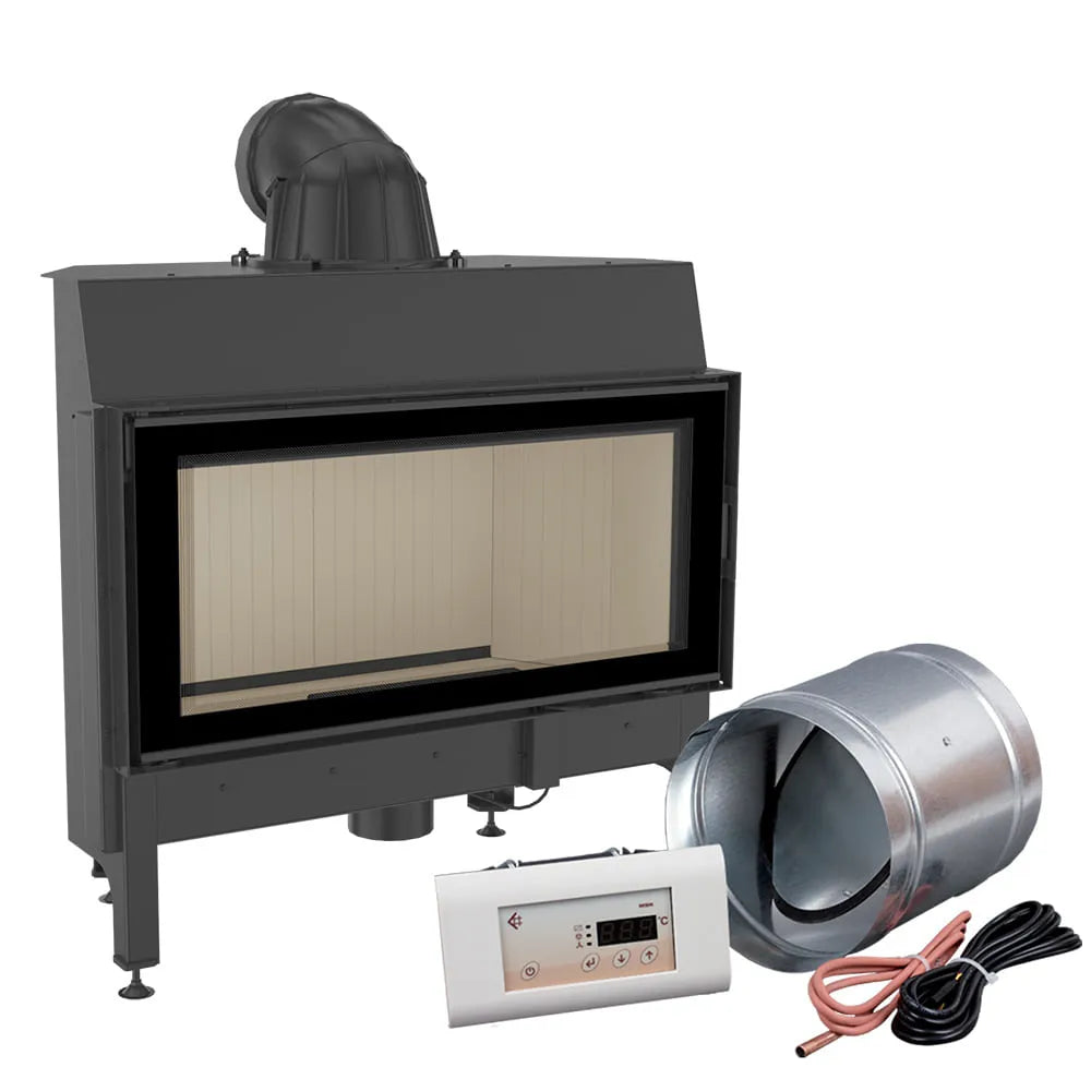 Kratki Nadia 14 kW houtkachel met accessoires, inclusief bedieningspaneel en ventilatieonderdelen.