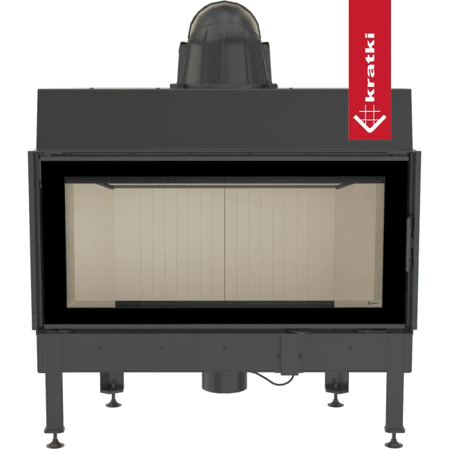Kratki Nadia 14 kW houtkachel met glazen deur en zwart metalen frame.