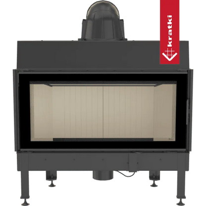 Kratki Nadia 14 kW houtkachel met glazen deur en zwart metalen frame.