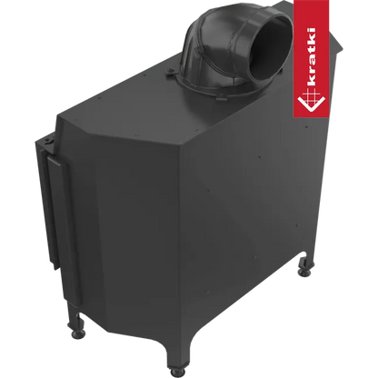 Zwarte Kratki Nadia 14 kW houtkachel met moderne, strakke vormgeving en bovenafvoer.