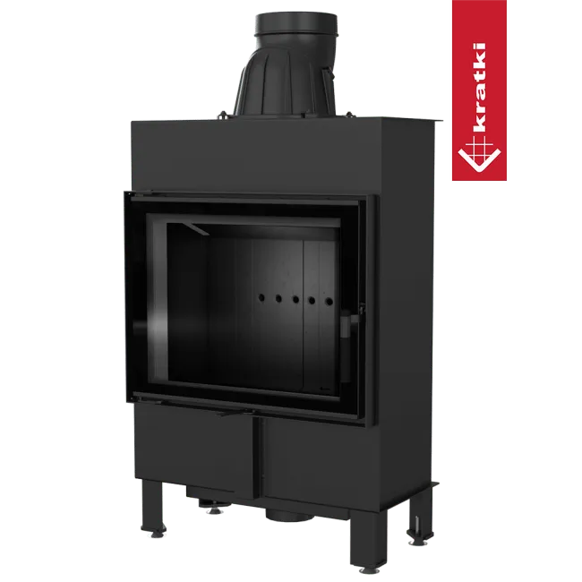 Zwarte Kratki Lucy 12 kW Slim houtkachel met glazen deur en metalen schoorsteen.