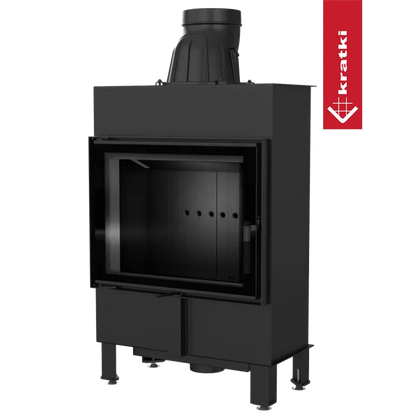 Zwarte Kratki Lucy 12 kW Slim houtkachel met glazen deur en metalen schoorsteen.