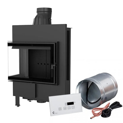 Kratki Lucy 12 kW Slim Links haard met bedieningspaneel en ventilatie-accessoires.