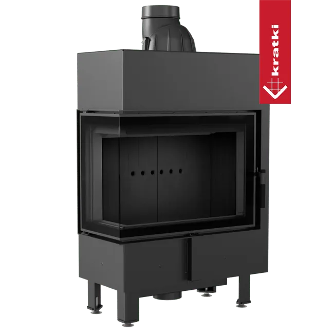 Kratki Lucy 12 kW Slim Links, moderne zwarte houtkachel met glazen deur en bovenste rookafvoer.