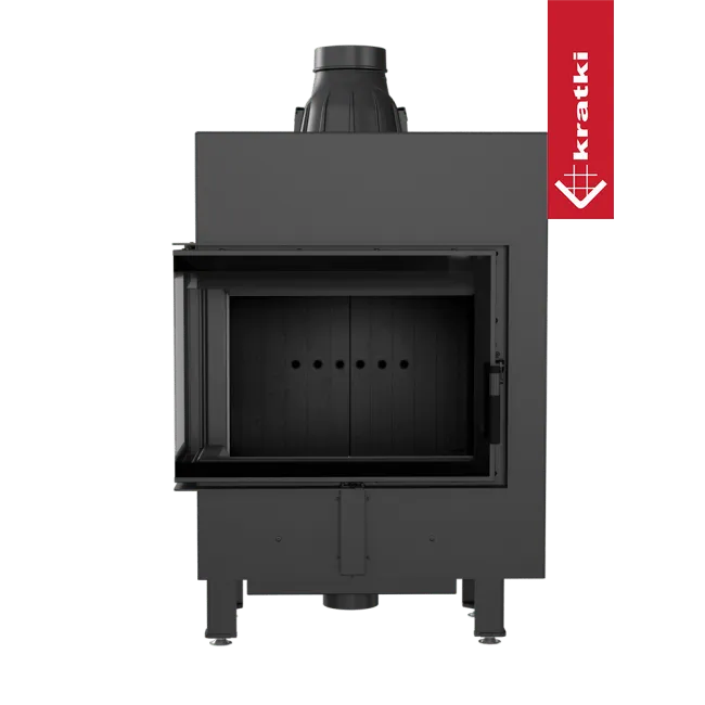 Kratki Lucy 12 kW Slim Links, moderne zwarte houtkachel met glazen deur en bovenste rookafvoer.
