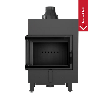 Kratki Lucy 12 kW Slim Links, moderne zwarte houtkachel met glazen deur en bovenste rookafvoer.