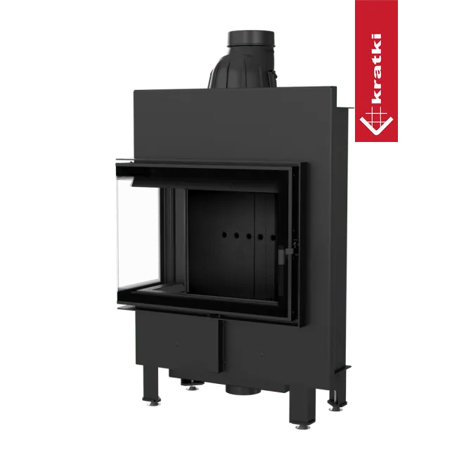 Kratki Lucy 12 kW Slim Links, moderne zwarte houtkachel met glazen deur en schoorsteenpijp.