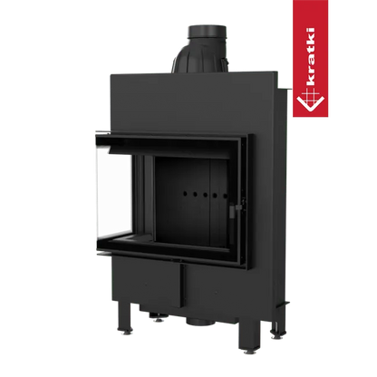 Kratki Lucy 12 kW Slim Links, moderne zwarte houtkachel met glazen deur en schoorsteenpijp.