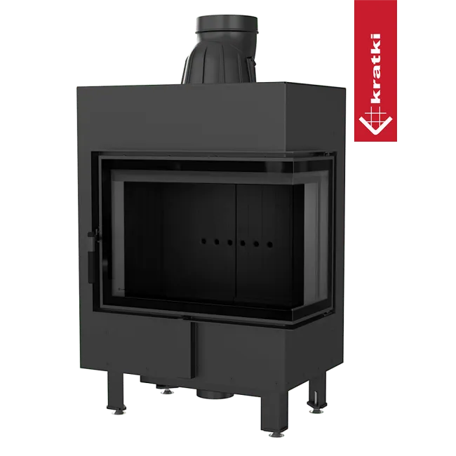 Kratki Lucy 12 kW Slim Rechts, moderne zwarte houtkachel met glazen deur en bovenste rookafvoer.