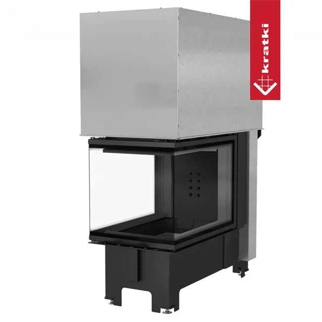Kratki NBU 500/700, moderne inbouwhaard met glazen hoek en metalen behuizing.